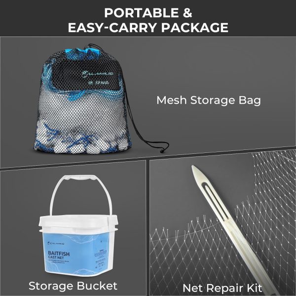 Calamus Cast Net 3/8" Mesh for Freshwater and Saltwater, 3ft-6ft Radius Casting Nets with Heavy-Duty Sinking Nylon Line, Mesh Storage Bag & Storage Bucket & Net Repair Kit - Image 6